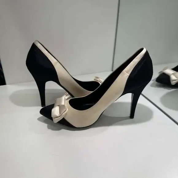 J.Crew Black Cream Two-Tone Stiletto Heel Bow Pointed Toe Pumps 8.5 - Picture 4 of 12